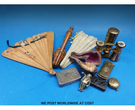 An interesting collection of mainly 19thC items including mother-of-pearl opera glasses, brass showing stick, "Eclectic Needl