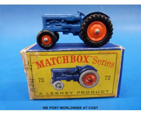 Matchbox Lesney type D diecast model Fordson tractor with blue body, orange front and rear hubs and black plastic tyres 72, i