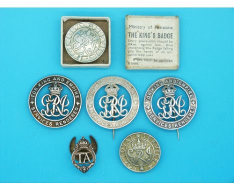 Three WWI Services Rendered badges together with two War Pension Loyal Service examples, one with box, and a Territorial Army