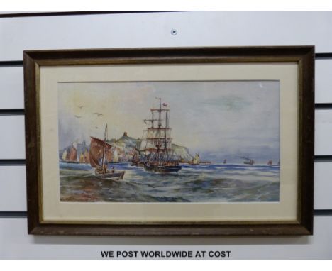 H G Hutton watercolour shipping off the Scarborough coast (22 x 40cm) 
