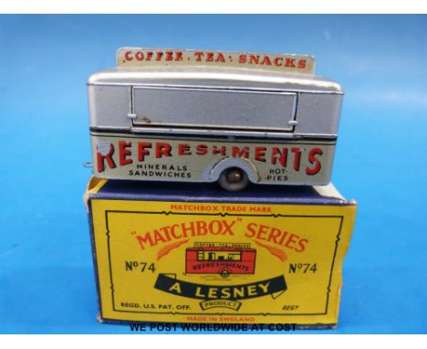 Matchbox Lesney type C diecast model Mobile Refreshments Bar with silver body, light blue base and grey plastic wheels 74, in