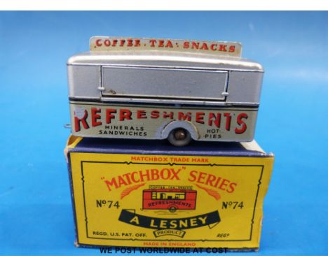 Matchbox Lesney type C diecast model Mobile Refreshments Bar with silver body, light blue base and grey plastic wheels 74, in