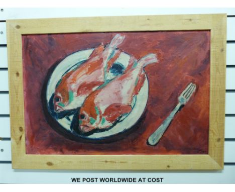 Mary Hunter oil on board 'Two Red Mullet on Enamel Plate-with Fork', monogrammed MSH lower right and inscribed and dated 1979