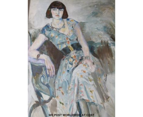 A De Cleriq oil portrait of a seated woman, signed and dated 1975 top right (121 x 90cm)