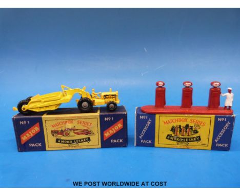 Two Matchbox Moko Lesney diecast model vehicles and accessories Caterpillar Earthmover with yellow body and black plastic whe