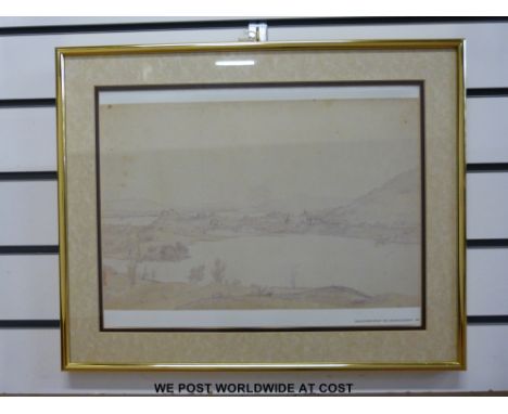 A 19thC pencil sketch of a waterfall monogrammed SAG and dated 3/1856? (27 x 40cm) two etchings and a landscape print 