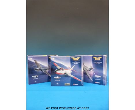 Three Corgi The Aviation Archive Jet Fighter Power 1:72 scale diecast model Hawker Hunter aircraft, 49801, 49802 and 49803, a