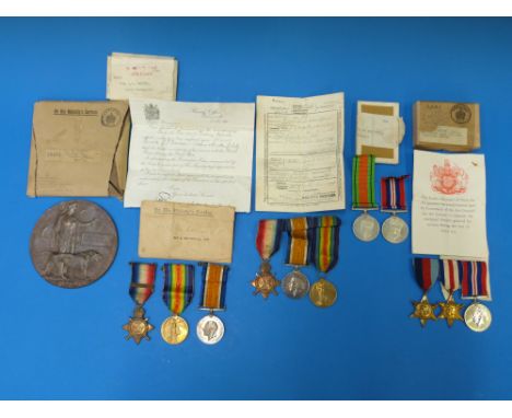 Four WWI and WWII family medal groups: A WWI group of three awarded to M2-053031 Pte. A.A.S. Dancer A.S.C, comprising 1914-15