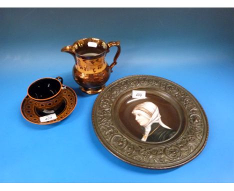 A painted ceramic bowl in metal frame together with a lustreware jug and a cup and saucer