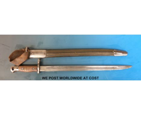 A George V 1907 pattern bayonet by Wilkinson with leather belt loop still intact and M.S impressed to leather scabbard 