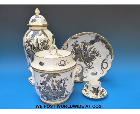 A Royal Worcester ice pail with dragon decoration together with matching large vase (height 41.6cm), bowl (diameter 29.7cm) a