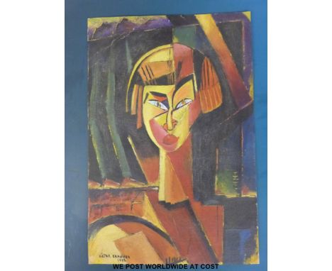 After Victor Brauner: Oil on card abstract / surrealist portrait of a lady, signed and dated lower left (30 x 19cm)