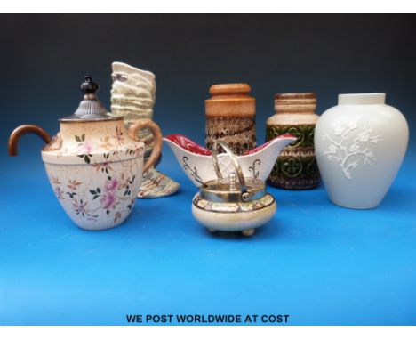 A collection of ceramics including a Crown Devon "Stucco" pattern vase, Spode, Sylvac, West German pottery vases, plated lust