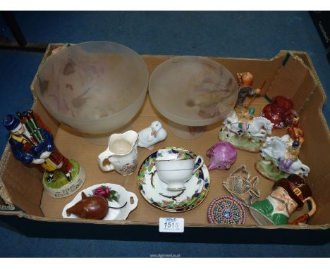 A quantity of china and glass including Goebel girl skier, Scots Guard Piper figure, paperweights, small cranberry painted cr