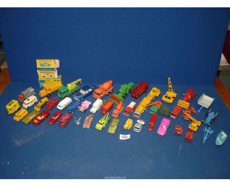 A quantity of Lesney and Matchbox model cars, lorries, machinery, etc to include; Ready-mix concrete truck, Porsche 920, Even