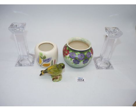 A pair of Villeroy & Boch glass candlesticks, Beswick greenfinch, Radford pottery vase and pot (missing lid).