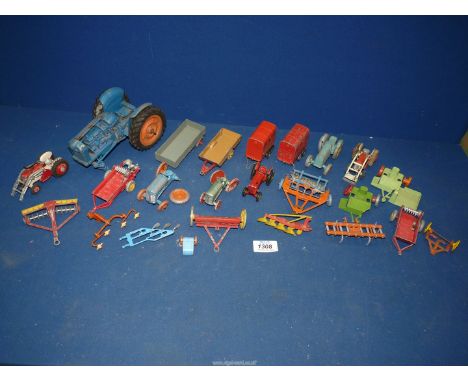 A quantity of model farm vehicles including horse boxes, Fordson Major tractor by Chad Valley, Corgi, Dinky etc play worn.
