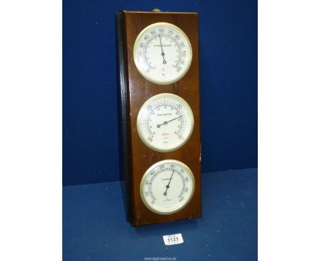 A Sunbeam barometer with thermometer and humidity gauge, central dial cracked, 16'' high x 6'' wide.