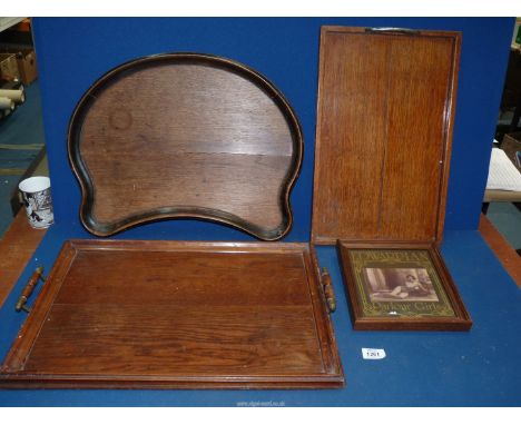 Three wooden trays including one shaped for use in bed plus a framed print 'Edwardian Parlour Girls'.