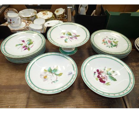 A floral botanical painted china dessert set;  two comports, cake stand and nine dessert plates, some chips.