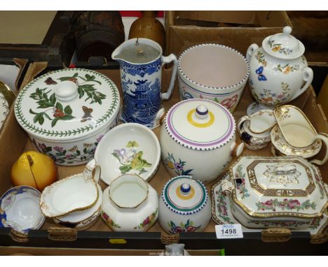 A quantity of china including; Indian Tree sauce tureen and stand, Poole biscuit barrel, jardiniere, Portmeirion 'Botanical G