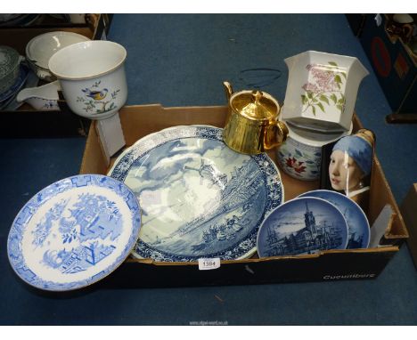 A quantity of china including; two Delft chargers, Spode jardiniere, Royal Worcester 'Old Willow' pattern plate, two Royal Co