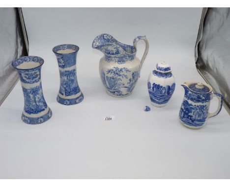 A pair of blue and white transfer printed vases by Hilditch & Martin, a George Jones 'Abbey' jug, Spode Italian ginger jar (l