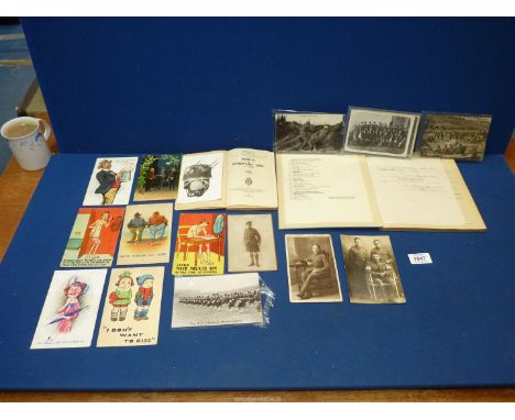 A quantity of WWI photographs/postcards and joke cards, Royal Air force log book dated 1950 - R.F. Morgan Giles flying Tiger 