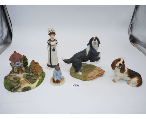 A small quantity of ornaments to include; Wedgwood 'Boy with a Train' and 'Victoria', a resin Collie dog and Bassett hound an