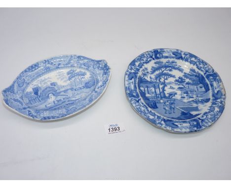 A Spode blue & white boat shaped dish decorated with a landscape and cattle, impressed mark for 1784-1805 (8 1/4" long), plus