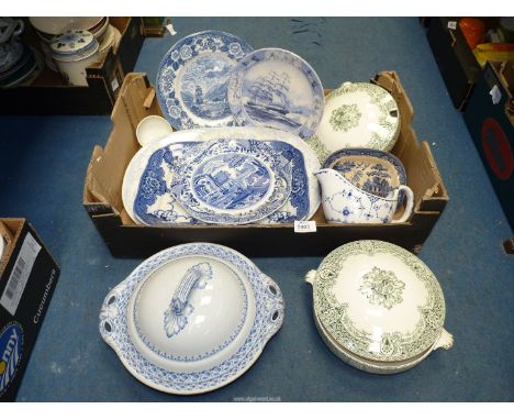 A Davenport dish and lid and two tureens, one without ladle, some crazing, Wedgwood wall plate of the Cutty Sark, Spode plate