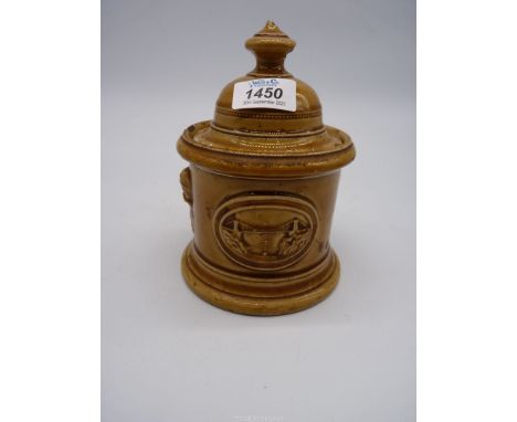 A salt glazed Tobacco Jar for George Morgan,Bristol, 1875, with masks of bearded gentleman to the side of a scene of a tall s