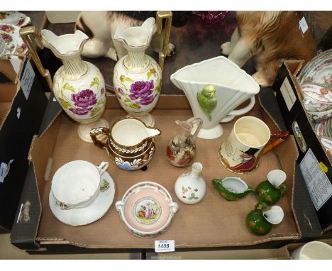 A quantity of china including Grays Pottery lustre jug, Falcon ware Budgerigar vase, Wedgwood 'Wild Strawberry' vase etc.