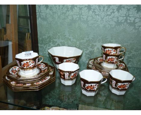 A set of six Wedgwood Imari pattern cups, saucers, tea plates and bowl, printed urn mark circa 1910.