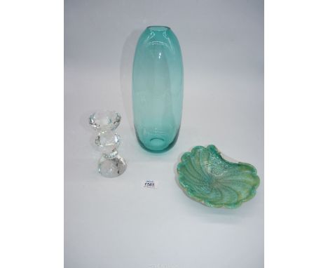 A Murano style swirled glass tray in aqua and beige with silver mica inclusions and white outer casing, 6 3/4" wide x 2" tall