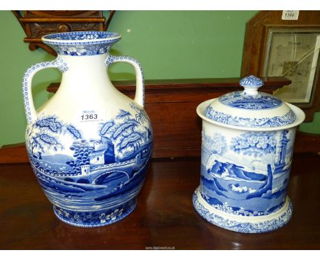 A large Spode Italian two handled vase (11" tall), together with a matching lidded canister.