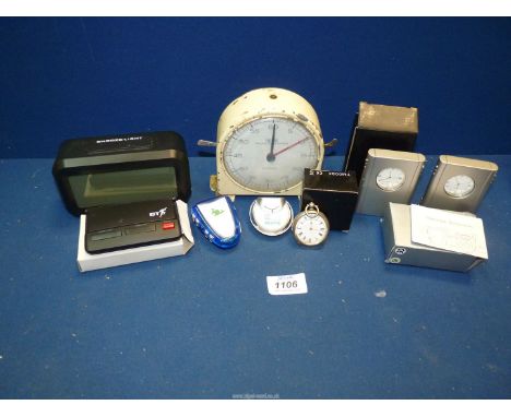 **A quantity of time pieces, including silver pocket watch (a/f.), Smiths Mechanical Seconds Timer Stop Clock, three unused B