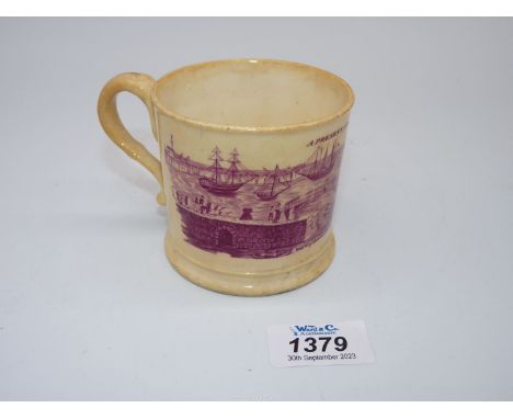 Ramsgate interest:  a very rare William IV or early Victorian small pottery souvenir mug, printed in puce with a view of the 