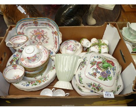 A quantity of china including Copeland Spode lidded tureen and bowls, Cauldon Ltd. teaware, 'Spode' Fortuna vase etc., some a