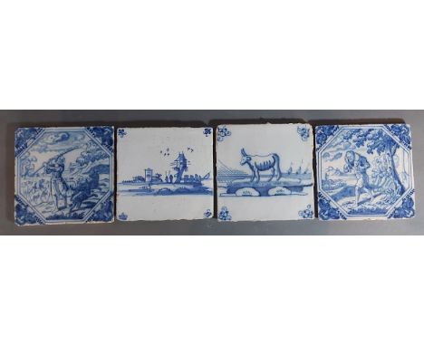 An 18th Century Delftware tile decorated with a figure within a landscape in underglaze blue, 12.5cms square together with an