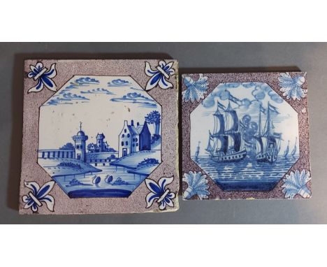 An 18th Century Delftware tile depicting a sea battle, 12.5cms square together with another similar 18th Century tile, 15cms 