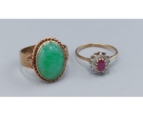 A 9ct gold Ruby and Diamond cluster ring together with a 9ct gold ring set oval cabochon Jade, 5.4gms