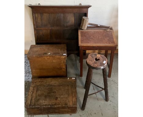 19th century oak three tier wall shelf, childs desk, 19th century stained pine writing slope stool, wooden mallet and a pine 