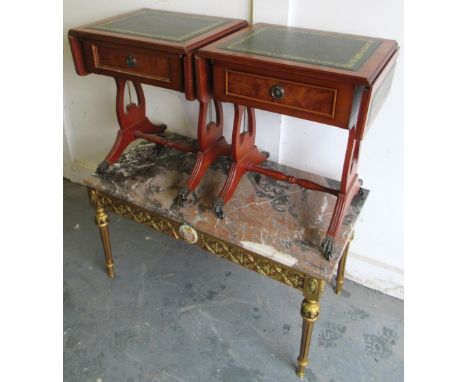Mid 20th century french style guilt coffee table with marble top, H49.5cm, L92cm, W46cm and a pair of 20th century sofa table