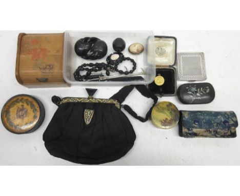 Collection of Whitby jet jewellery incl brooches and necklace, Victorian style black evening bag, four trinket boxes, etc