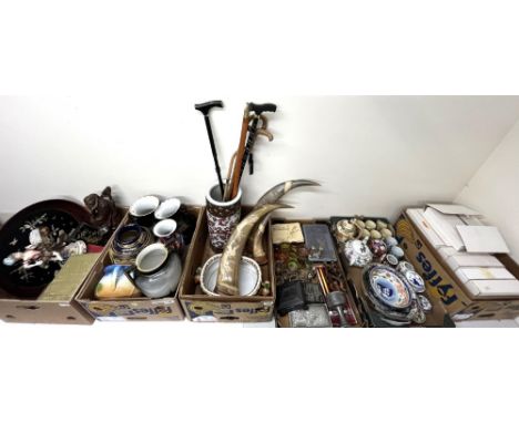 Early 20th Century pair Moonlight Ware vases, H29.5cm; 20th Century Chinese stick stand; other decorative ceramics etc (6 box