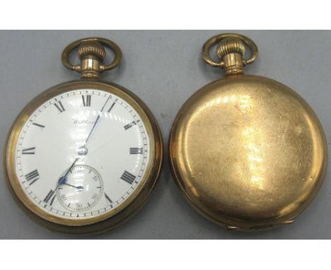 Royal rolled gold hunter keyless pocket watch, signed white enamel Roman dial, subsidiary seconds, Dennison Star case no. 327