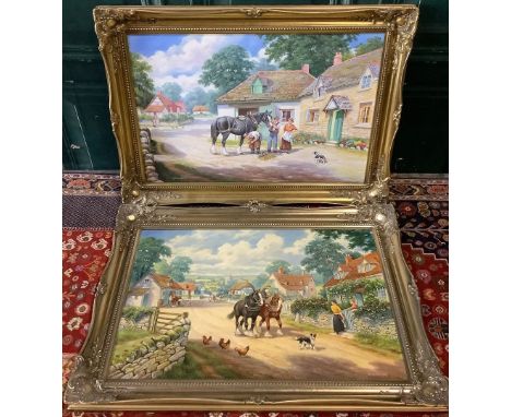 S K Mitchell (Contemporary); Heavy Horses on a village street pair of oils on canvas, oil on canvas, signed, 50 x 76cm max (2
