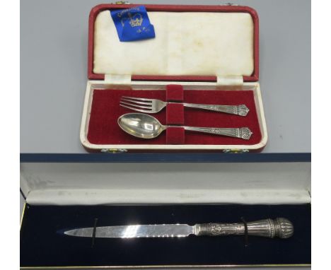 Cased silver Elizabethan coronation fork and spoon by James Dixon &amp; Sons Ltd, Sheffield 1952, and a cased silver letter k