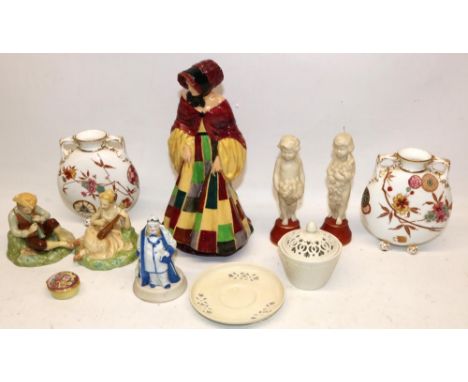 Collection of ceramics, incl. a Leeds Pottery creamware basket and cover, H8.5cm; pair of Carlton WAA aesthetic movement moon